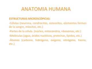 ANATOMIA HUMANA
ESTRUCTURAS MICROSCÓPICAS:
-Células (neurona, condrocitos, osteocitos, elementos formes
de la sangre, miocitos, etc.)
-Partes de la célula (núcleo, mitocondria, ribosomas, etc.)
-Moléculas (agua, ácidos nucléicos, proteínas, lípidos, etc.)
-Átomos (carbono, hidrógeno, oxígeno, nitrógeno, hierro,
etc.)
 