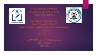 UNIVERSIDAD DE GUAYAQUIL
FACULTAD DE CIENCIAS MEDICAS
ESCUELA DE MEDICINA
CATEDRA DE DERMATOLOGIA
DRA. JESSICA VÉLEZ PONCE
TEMA ANATOMIA , EMBRIOLOGIA. FISIOLOGIA DE LA PIEL
GRUPO 11
9 SEMESTRE
ALUMNO LINA CAMPOVERDE GUAMAN
AÑO LECTIVO
2018 2019
 