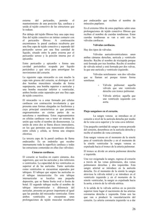externa del pericardio, permite el
mantenimiento de una posición fija, cardiaca y
unida al tejido conectivo de las estructuras que
lo rodean.
Por debajo del tejido fibroso hoy una capa muy
fina del tejido conectivo en íntimo contacto con
el pericardio fibroso. A continuación
encontramos la pared cardiaca recubierta por
una fina capa de tejido conectivo y separado del
pericardio seroso por una fina cantidad de
líquido, situado entre la parte externa por el
pericardio seroso y la porción interna por el
epicardio.
Entre pericardio y epicardio s forma una
cavidad pericárdica ocupada por líquido
pericárdico y que sirve para amortiguar los
movimientos del corazón.
La siguiente capa miocardio es con mucho la
capa más gruesa del corazón, se distingue en él
dos bombas musculares situadas de forma
superpuesta, una bomba superior o auricular y
una bomba muscular inferior o ventricular,
ambos bordes están separados por una fina capa
de tejido conectivo.
El miocardio va a estar formado por células
cardiacas con contracción involuntaria y que
presenta unas formas alargadas no fusiformes y
cuya principal característica es que presenta
engrosamientos en ciertas partes de su
sarcolema o membrana. Estos engrosamientos
en células cardiacas van a tener un sistema de
unión que recibe el nombre de desmosomas. La
unión de estos dos se llama discos intercalares,
en los que permiten una transmisión eléctrica
entre célula y célula, se forma una sinapsis
eléctrica.
La tercera capa de la pared cardiaca de llama
endocardio. Es un endotelio que recubre
internamente toda la superficie cardiaca y todas
las estructuras contenidas en ellas (las válvulas).
Cámaras cardiacas.
El corazón se localiza en cuatro cámaras, dos
superiores, que son las aurículas y dos inferiores
o ventrículos. La capacidad de los ventrículos es
superior al de las aurículas. Tanto aurículas
como ventrículos se encuentran separados por
tabiques. El tabique que separa las aurículas es
el tabique interauricular. En este tabique
interauricular se localiza una pequeña
depresión, que se llama fosita oval o fosita de
botal. El segundo tabique recibe el nombre de
tabique interventricular o diferencia del
auricular, presenta un grosor importante al igual
que las paredes del miocardio ventricular. Entre
ambos ventrículos se encuentran unas
prolongaciones de tejido muscular recubierto
por endocardio que reciben el nombre de
músculos papilares.
En el extremo libre de estos papilares salen unas
prolongaciones de tejido conectivo fibroso que
reciben el nombre de cuerdas tendinosas. Estas
cuerdas tendinosas se van a unir con las
válvulas cardíacas.
Válvulas cardíacas.
Hay dos tipos de válvulas.
Válvulas auriculoventriculares: unen
ambas cámaras derechas, aurícula y ventrículo
derecho. Recibe el nombre de tricúspide porque
está formada por tres bombas. Recibe el nombre
de válvula mitral y está formada por dos valvas,
la que une aurícula y ventrículo izquierdo.
Válvulas semilunares: son dos válvulas
que se llaman así porque tienen forma
semilunar.
- Válvula pulmonar: aquella
válvula que une ventrículo
derecho con tronco pulmonar.
- Válvula aórtica: aquella que
une ventrículo izquierdo con
aorta.
Flujo sanguíneo en el corazón.
La sangre venosa se introduce en el
corazón a nivel de la aurícula derecha por medio
de la vena cava superior y la vena cava inferior.
Una pequeña cantidad de sangre venosa procede
del corazón, desemboca en la aurícula derecha y
recibe el nombre de vena coronaria.
Esta sangre venosa en el momento de la sístole
pasa al ventrículo derecho y en el momento de
la sístole ventricular la sangre venosa es
expulsada hacia el tronco de la arteria pulmonar.
El tronco se divide en arteria pulmonar derecha
e izquierda.
Una vez oxigenada la sangre, regresa al corazón
a través de las venas pulmonares, dos venas
pulmonares derechas y dos izquierdas. Esta
sangre arterial se introduce en la aurícula
derecha. En el momento de la sístole la sangre
atraviesa la válvula mitral y se introduce en el
ventrículo izquierdo y en el momento de la
sístole ventricular, la sangre es expulsada hacia
la aorta, a través de la válvula aórtica.
A la salida de la válvula aórtica en su porción
superior tiene lugar el nacimiento de las arterias
coronarias derecha e izquierda. Estas son las
que van a producir la vascularización del
corazón. La arteria coronaria izquierda va a dar
26
 