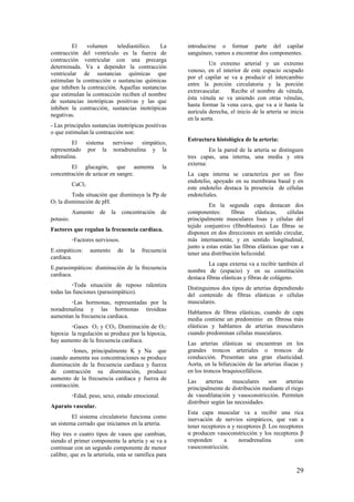 El volumen telediastólico. La
contracción del ventrículo es la fuerza de
contracción ventricular con una precarga
determinada. Va a depender la contracción
ventricular de sustancias químicas que
estimulan la contracción o sustancias químicas
que inhiben la contracción. Aquellas sustancias
que estimulan la contracción reciben el nombre
de sustancias inotrópicas positivas y las que
inhiben la contracción, sustancias inotrópicas
negativas.
- Las principales sustancias inotrópicas positivas
o que estimulan la contracción son:
El sistema nervioso simpático,
representado por la noradrenalina y la
adrenalina.
El glucagón, que aumenta la
concentración de azúcar en sangre.
CaCl2
Toda situación que disminuya la Pp de
O2 la disminución de pH.
Aumento de la concentración de
potasio.
Factores que regulan la frecuencia cardiaca.
◦Factores nerviosos.
E.simpáticos: aumento de la frecuencia
cardiaca.
E.parasimpáticos: disminución de la frecuencia
cardiaca.
◦Toda situación de reposo ralentiza
todas las funciones (parasimpático).
◦Las hormonas, representadas por la
noradrenalina y las hormonas tiroideas
aumentan la frecuencia cardiaca.
◦Gases O2 y CO2. Disminución de O2:
hipoxia la regulación se produce por la hipoxia,
hay aumento de la frecuencia cardiaca.
◦Iones, principalmente K y Na que
cuando aumenta sus concentraciones se produce
disminución de la frecuencia cardiaca y fuerza
de contracción su disminución, produce
aumento de la frecuencia cardiaca y fuerza de
contracción.
◦Edad, peso, sexo, estado emocional.
Aparato vascular.
El sistema circulatorio funciona como
un sistema cerrado que iniciamos en la arteria.
Hay tres o cuatro tipos de vasos que cambian,
siendo el primer componente la arteria y se va a
continuar con un segundo componente de menor
calibre, que es la arteriola, esta se ramifica para
introducirse o formar parte del capilar
sanguíneo, vamos a encontrar dos componentes.
Un extremo arterial y un extremo
venoso, en el interior de este espacio ocupado
por el capilar se va a producir el intercambio
entre la porción circulatoria y la porción
extravascular. Recibe el nombre de vénula,
ésta vénula se va uniendo con otras vénulas,
hasta formar la vena cava, que va a ir hasta la
aurícula derecha, el inicio de la arteria se inicia
en la aorta.
Estructura histológica de la arteria:
En la pared de la arteria se distinguen
tres capas, una interna, una media y otra
externa:
La capa interna se caracteriza por un fino
endotelio, apoyado en su membrana basal y en
este endotelio destaca la presencia de células
endoteliales.
En la segunda capa destacan dos
componentes: fibras elásticas, células
principalmente musculares lisas y células del
tejido conjuntivo (fibroblastos). Las fibras se
disponen en dos direcciones en sentido circular,
más internamente, y en sentido longitudinal,
junto a estas están las fibras elásticas que van a
tener una distribución helicoidal.
La capa externa va a recibir también el
nombre de (espacio) y en su constitución
destaca fibras elásticas y fibras de colágeno.
Distinguimos dos tipos de arterias dependiendo
del contenido de fibras elásticas o células
musculares.
Hablamos de fibras elásticas, cuando de capa
media contiene un predominio en fibrosa más
elásticas y hablamos de arterias musculares
cuando predominan células musculares.
Las arterias elásticas se encuentran en los
grandes troncos arteriales o troncos de
conducción. Presentan una gran elasticidad.
Aorta, en la bifurcación de las arterias iliacas y
en los troncos braquiocefálicos.
Las arterias musculares son arterias
principalmente de distribución mediante el riego
de vasodilatación y vasoconstricción. Permiten
distribuir según las necesidades.
Esta capa muscular va a recibir una rica
inervación de nervios simpáticos, que van a
tener receptores α y receptores β. Los receptores
α producen vasoconstricción y los receptores β
responden a noradrenalina con
vasoconstricción.
29
 