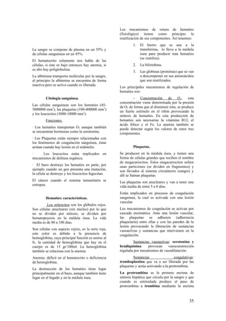 La sangre se compone de plasma en un 55% y
de células sanguíneas en un 45%.
El hematocrito solamente nos habla de las
células, si éste es bajo entonces hay anemia, si
es alto hay poliglobulina.
La albúmina transporta moléculas por la sangre,
al principio la albúmina se encuentra de forma
inactiva pero se activa cuando es liberada.
Citología sanguínea.
Las células sanguíneas son los hematíes (45-
5000000 mm3
), las plaquetas (100-400000 mm3
)
y los leucocitos (3000-10000 mm3
).
Funciones.
· Los hematíes transportan O2 aunque también
se encuentran hormonas como la serotonina.
· Las Plaquetas están siempre relacionadas con
los fenómenos de coagulación sanguínea, éstas
actúan cuando hay lesión en el endotelio.
· Los leucocitos están implicados en
mecanismos de defensa orgánica.
· El bazo destruye los hematíes en parte, por
ejemplo cuando un gen presenta una mutación,
la célula se destruye y los leucocitos fagocitan.
El cáncer cuando el sistema inmunitario se
estropea.
Hematíes: características.
Los eritrocitos son los glóbulos rojos.
Son células anucleares (sin núcleo) por lo que
no se dividen por mitosis, se dividen por
hematopoyesis en la médula ósea. La vida
media es de 80 a 100 días.
Son células con aspecto rojizo, es la serie roja,
este color es debido a la presencia de
hemoglobina, cuya principal función es unirse al
02. la cantidad de hemoglobina que hay en el
cuerpo es de 15 gr/100ml. La hemoglobina
también se relaciona con la anemia.
Anemia: déficit en el hematocrito o deficiencia
de hemoglobina.
La destrucción de los hematíes tiene lugar
principalmente en el bazo, aunque también tiene
lugar en el hígado y en la médula ósea.
Los mecanismos de rotura de hematíes
(fisiológico) tienen como principio la
reutilización de sus componentes. Así tenemos:
1. El hierro que se une a la
transferrina, lo lleva a la médula
ósea para producir más hematíes
(se reutiliza).
2. La bilirrubina.
3. Las globinas (proteínas) que se van
a descomponer en sus aminoácidos
que son reutilizados.
Los principales mecanismos de regulación de
hematíes son:
- Concentración de O2, esta
concentración viene determinada por la presión
de O2 de forma que al disminuir ésta, se produce
un fuerte estímulo en el riñón provocando la
síntesis de hematíes. En esta producción de
hematíes son necesarias la vitamina B12, el
ácido fólico y el Fe. La anemia también se
puede detectar según los valores de estos tres
componentes.
Plaquetas.
Se producen en la médula ósea, y tienen una
forma de células grandes que reciben el nombre
de megacariocitos. Estos megacariocitos sufren
unas particiones (se dividen en fragmentos) y
son llevados al sistema circulatorio (sangre) y
allí se llaman plaquetas.
Las plaquetas son anucleares y van a tener una
vida media de entre 5 a 8 días.
Están implicados en procesos de coagulación
sanguínea, la cual es activada con una lesión
vascular.
Los mecanismos de coagulación se activan por
cascada enzimática. Ante una lesión vascular,
las plaquetas se adhieren (adherencia
plaquetaria) entre ellas y con las paredes de la
lesión provocando la liberación de sustancias
vasoactivas y sustancias que intervienen en la
coagulación.
Sustancias vasoactivas: serotonina y
bradiquinina: provocan vasoconstricción
regulada por mecanismos de vasodilatación.
Sustancias coagulativas:
tromboplastina que va a ser liberada por las
plaquetas y actúa activando a la protrombina.
La protrombina es la primera enzima de
síntesis hepática que circula por la sangre y que
cuando es estimulada produce el paso de
protrombina a trombina mediante la enzima
35
 