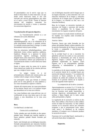 El parasimpático con le nervio vago que va
desde la boca hasta el colon transverso, así que
desde colon transverso hasta el ano está
inervado por nervios parasimpáticos que salen
en el sacro a nivel S2-S4. Tienen la función
opuesta del simpático, aumentan los
movimientos de mezcla y avance y aumentan
las secreciones digestivas.
Vascularización del aparato digestivo.
La Vascularización arterial va a ser
tributaria de la aorta abdominal.
Mientras que las estructuras
supradiafragmáticas van a ser tributarias de la
aorta descendente torácica y carótida externa.
La carótida externa para boca y faringe. La aorta
descendente torácica para esófago.
Para las estructuras infradiafragmáticas, aorta
abdominal, tronco celiaco (gástrica, esplénica,
hepática). Después va a aparecer la arteria
mesentérica superior (estómago, intestino
delgado hasta colon transverso), después está la
arteria mesentérica inferior que proporciona la
Vascularización desde el colon transverso hasta
el sigma.
Desde el sigma están las ramas de la arteria
iliaca interna por medio de las arterias pélvicas
que van a irrigar el recto o ano.
La sangre venosa va a ser
principalmente tributaria del sistema porta, que
conduce toda la sangre venosa al hígado.
Las principales venas que forman el sistema
porta son la vana gástrica, la vena esplénica y
las venas mesentéricas superior e inferior.
Además del sistema porta, las venas procedentes
de las arterias iliacas van a ir al sistema Acigos
que desemboca en la vena cava inferior.
Las venas lumbares más venas pélvicas van a ir
confluyendo en una vena única, que es la vana
Acigos, y esta desemboca en la vena cava
inferior.
Boca.
Cavidad bucal, cavidad oral.
Límites de la cavidad bucal:
Techo: paladar que está dividido en dos partes:
paladar óseo, formado por maxilar superior y
hueso palatino; paladar blando formado por
músculo.
Suelo: está formado por un diafragma muscular,
formado principalmente por músculos hioideos
(que se originan o insertan en el tiroides). Junto
con el diafragma muscular está la lengua que es
un órgano muscular, y estos músculos van a ser
músculos intrínsecos de la lengua y músculos
extrínsecos de la lengua (que se originan fuera
de la lengua y se insertan en ella, van a ser
músculos hioideos).
Base de la lengua: se encuentra insertada en
porciones del hiodes y pociones del maxilar
inferior o mandíbula. En la lengua nos
encontramos los órganos receptores del gusto.
Lateral: tenemos la arcada dental recubierta por
las mejillas. Las mejillas están revestidas de
mucosa digestiva.
Anterior: labios.
Posterior: fauces que están formadas por los
pilares del paladar blando i pilares palatinos. En
la porción intermedia de las fauces se encuentra
la úvula o campanilla y lateralmente las
amígdalas palatinas.
En la cavidad bucal se van a encontrar las
glándulas salivares las cuales se van a presentar
dispersas o diseminadas por toda la mucosa
digestiva, lengua e incluso por la faringe y
glándulas organizadas en órganos. Estos
órganos van a ser principalmete: parótida,
submaxilar o submandibular y glándulas
sublinguales.
La parótida es la de mayor tamaño y se localiza
en la porción lateral de la cavidad bucal, por
encima del músculo masetero. Y su conducto de
secreción se llama conducto de stenon. El
conducto de salida del conducto de stenon se
localiza en la porción interna de la mejilla a
nivel del segundo molar superior.
La composición de la saliva: (examen)
Aproximadamente se secreta 1l o 1´5 l al día. Su
composición va a ser principalmente agua. Es
rica en lisozima (con poder bactericida), y
enzimas digestivas, principalmente del tipo
amilasa y lipasa lingual, por lo tanto actúan
sobre polisacáridos y lípidos.
La regulación de la secreción se realiza en dos
fases: fase cefálica y fase bucal. La fase cefálica
ocurre en todas las reacciones. La fase cefálica
consiste en la secreción salivar por estímulos
exógenos o por el pensamiento (olor, sabor,
vista, tacto..). la fasebucal es de contacto
mecánico, el contacto con el alimento produce
la secreción de saliva.
Funciones de la actividad bucal: masticación y
salivación hasta darse la deglución.
Deglución.
50
 