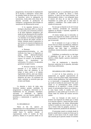 progesterona, favoreciendo la implantación
de la decidua o endometrio. Actuar sobre
las gónadas fetales de forma que si el sexo
es masculino, activa la segregación de
testosterona. Actúa sobre otras zonas de la
placenta activando la producción de
estrógenos y progesterona interviniendo en
mecanismos de diferenciación sexual.
• La siguiente hormona es la
lactógeno placentaria (hPL) su función
va a ser junto con la hormona coriónica
la de hacer depósitos energéticos, por
medio de una disminución de la insulina
en la madre. (la insulina coge la glucosa
y la introduce en la célula) al impedir el
paso de glucosa del medio vascular al
celular, aumenta mucho la glucemia, lo
que favorece la creación de depósitos de
glucógeno y la lipogénesis (síntesis de
lípidos).
• Hormona
propiomelanocorticotropina, es una
molécula muy larga y se fragmenta en
partes dando adenocorticotropina
(ACTM) se encarga de la síntesis de
cortisol. El cortisol y las β-endorfinas
influyen en mecanismos de
sufrimientos. El cortisol y la adrenalina
garantizan la supervivencia.
• Hormona relaxina, su función
principal va a ser producir en las
primeras fases del embarazo, la de
relajar el útero, pelvis y el aparato
ligamentario pélvico, para que durante
el desarrollo del embarazo se permita la
dilatación del útero. En momentos de
estrés, aumentar su secreción para que
el útero esté blando.
La placenta a través de todas estas
hormonas produce grandes cantidades de
progesterona y estrógenos, intervienen en el
metabolismo de los principios inmediatos,
activando o inhibiendo la lipólisis,
principalmente, con una función anabólica de
proteínas y manteniendo el equilibrio de la
glucosa.
EL DESARROLLO
Hacia el día 10, aparece un
engrosamiento de la capa epiblástica en su línea
media de células que se dirigen desde la porción
caudal hacia la porción craneal, el
engrosamiento recibe el nombre de línea
primitiva, finaliza en la porción media en un
engrosamiento que se va perforando que recibe
el nombre de módulo de Hense o fosita
primitiva. A partir de esta fosita primitiva van
diferenciándose células y van emigrando hacia
el interior del disco de un tipo de células
formándose un cordón que se sitúa entre el
epiblasto y endoblasto. Este cordón recibe el
nombre de notocorda.
Se cree que su función es de servir de eje
axial simétrico, dividiendo las estructuras
orgánicas en derecha e izquierda, regulando la
diferenciación celular.
Al mismo tiempo que la notocorda, se
produce una migración de células a partir de la
fosita primitiva y siguiendo el mismo recorrido
que la notocorda.
En el momento en el que se forma la
tercera línea de células mesoblásticas, hablamos
de área embrionaria trilaminar formada por
epiblasto que dará lugar a ectodermo,
mesoblasto, sistema locomotor, cardiovascular y
renal.
Endoblasto, su maduración va a dar lugar
al endodermo del que se dan la mucosa
nutritiva, sólido, líquido y gaseoso (respiratorio
y digestivo)
Vías de implantación y desarrollo,
funciones endocrinas de la placenta, derivados
de las hojas embrionarias.
DESARROLLO DEL EPIBLASTO
A nivel de la línea primitiva, se va
produciendo un segundo engrosamiento de
células a nivel de la línea media, engrosamiento
solo de células epiblásticas. Este engrosamiento
se va incurvando e invaginando, formando lo
que recibe el nombre de canal neural. Este canal
neural se va profundizando hasta cerrarse
totalmente en su superficie y formar el tubo
neural, el cual permanece hueco en su interior y
la zona hueca recibe el nombre de canal
ependimal. La capa celular que lo envuelve va a
formar todas las células del sistema nervioso
central.
Una vez formado el tubo neural se
produce una migración de células que se sitúan
en la porción superior y lateral del tubo neural,
estas aglomeraciones de células diferenciadas
reciben el nombre de cresta neural y de ella se
van a formar todos los ganglios, nervios y la
médula suprarrenal, productora de adrenalina.
El porcentaje neural se extiende desde la
porción caudal hasta la craneal, de forma que la
caudal se cierra hacia el día 25, siendo mucho
más estrecha que la porción craneal. El extremo
6
 