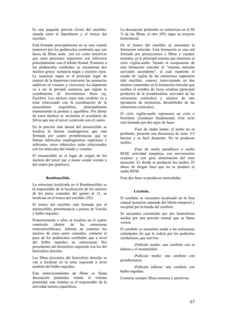 Es una pequeña porción (2cm) del encéfalo,
situada entre el hipotálamo y el tronco del
encéfalo.
Está formado principalmente en su cara ventral
(anterior) por los pedúnculos cerebrales que son
haces de fibras tanto (un ze) como sensitivas
que unen porciones superiores con inferiores
principalmente con el lóbulo frontal. Posterior a
los pedúnculos cerebrales se encuentran dos
núcleos grises: sustancia negra y núcleos rojos.
La sustancia negra es el principal lugar de
síntesis de la dopomina (convierte las sustancias
auditivas en visuales y viceversa). La dopamina
va a ser la pricipal sustancia que regula la
coordinación de movimientos finos (ej.
Escribir). Los núcleos rojos más cerebelo va a
estar relacionado con la coordinación de la
musculatura esquelética, principalmente
manteniendo la postura y equilibrio. Por detrás
de estos núcleos se encuentra el acueducto de
Silvio que une el tercer ventrículo con el cuarto.
En la porción más dorsal del mesencéfalo se
localiza la lámina cuadragésima que está
formada por cuatro protuberancias que se
llaman tubérculos cuadragésimos superiores e
inferiores, estos tubérculos están relacionados
con los músculos del sonido y visuales.
El mesencéfalo es el lugar de origen de los
núcleos del tercer par o motor ocular común y
del cuarto par (patético).
Rombencéfalo.
La estructura localizada en el Rombencéfalo es
la responsable de la localización de los núcleos
de los pares craneales del quinto al 12, se
localizan en el tronco del encéfalo (TE).
El tronco del encéfalo está formado por el
mesencéfalo, protuberancia o puente de Varolio
y bulbo raquídeo.
Posteriormente a ellos se localiza en el cuarto
ventrículo (detrás de las estructuras
troncoencefálicas). Además de contener los
núcleos de estos pares craneales, contiene el
paso de los pedúnculos cerebrales que a nivel
del bulbo raquídeo se entrecruzan llos
procedentes del hemisferio izquierdo con los del
hemisferio derecho.
Las fibras procentes del hemisferio derecho se
van a localizar en la zona izquierda a nivel
también del bulbo raquídeo.
Este entrecruzamiento de fibras se llama
decusación pirámides siendo el sistema
piramidal, este sistema es el responsable de la
actividad motora esquelética.
La decusación pirámides se entrecruza en el 80
% de las fibras, el otro 20% sigue su trayecto
homolateral.
En el tronco del encéfalo se encuentra la
formación reticular. Esta formación es una red
formada por proyecciones o fibras y cuerpos
neurales, es le principal sistema que mantiene el
ciclo vigilia-sueño. Siendo el componente de
esta formación reticular el “sistema reticular
activador ascendente”, el cual mantiene el
estado de vigilia de las estructuras superiores
(del encéfalo, vamos), interviniendo en dos
núcleos contenidos en la formación reticular que
reciben el nombre de locus ceruleus (principal
productor de la noradrenalina, activador de las
estructuras corticales) y núcleos de rate
(productor de serotonina, desinhibidor de las
estructuras corticales).
El ciclo vigilia-sueño representa un ciclo o
biorritmo circadiano fundamental. Este ciclo
está formado por dos tipos de fases:
-Fase de ondas lentas: el sueño no es
profundo, presenta una frecuencia de entre 3-5
herzios y es facil despertar. No se producen
sueños.
-Fase de sueño paradójico o sueño
REM: actividad simpática, con movimientos
oculares y con gran disminución del tono
muscular. Es donde se producen los sueños. El
abuso de drogas hace que no se produce el
sueño REM.
Esas dos fases se producen intercaladas.
Cerebelo.
El cerebelo se encuentra localizado en la fosa
craneal posterior separada del lóbulo temporal y
occipital por la tienda del cerebelo.
Se encuentra constituido por dos hemisferios
unidos por una porción central que se llama
vermis.
El cerebelo se encuentra unido a las estructuras
colindantes (lo que le rodea) por los pedículos
cerebelosos, que son tres:
-Pedículo medio: une cerebelo con el
tálamo y el mesencéfalo.
-Pedículo medio: une cerebelo con
protuberancia.
-Pedículo inferior: une cerebelo con
bulbo raquídeo.
Contiene siempre fibras motoras y sensitivas.
67
 