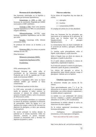 Hormonas de la adenohipófisis.
Son hormonas sintetizadas en la hipófisis y
reguladas por hormonas hipotalámicas.
Somatotropa o STH o GH: son
hormonas de crecimiento. Regulada por GHRH
(activasdor) y GHIF (inhibidor).
Tirotropa o TSH. Tiene como proteína
regulada hipotalámica la TRH, no conociéndose
ninguna inhibidora.
Adrenocorticotropa. (ACTH), como
hormona reguladora hipotalámica está la CRH
que actúa.
Sexuales. Luteotropa (LH), folículo
estimulante (FSH).
Se producen del mismo en el hombre y en
mujer.
Prolactina (PRL). Se conoce un potente
inhibidor de esta: PIF.
Otras hormonas:
Melanocito estimulante (MSH).
Lipoproteína hipofisaria (LPH).
Β-endorfinas.
STH, somatotropina, GH.
Principal hormona que actúa sobre el
crecimiento de las estructuras orgánicas.
Producido por la HF es regulada por H (por
medio de la hormona GHRF).
También el hipotálamo (HL) tiene un factor
inhibidor (GHIF) que también se llama
somatostatina.
En la Pubertad mantiene niveles altos.
La STH actúa: activando el crecimiento por
medio de aumentar el índice mitótico. (y
aumentan el número de células), también
aumenta el tamaño celular y activa los procesos
de difereciación celular.
A nivel de principios inmediatos va a aumentar
la síntesis de proteínas, regulando la utilización
de aminoácidos. Sobre los lípidos ca a ser
lipolítica (los rompe), sobre los HC favorece los
depósitos de glucógeno, es decir, que aumenta
la glucogénesis.
Su acción principal la realiza durante la
pubertad en el sistema locomotor. Sobre los
músculos, aumenta el grosor muscular.
Aumenta el crecimiento óseo y favorece los
depósitos de potasio y calcio.
Páncreas endocrino.
En los islotes de Langerhans hay tres tipos de
células:
α → glucagón.
β → insulina.
γ → somatostatina (GHIF).
El complejo de células β es el más abundante.
Estas tres hormonas lon las principales que
intervienen en la regulación de la glucemia, de
forma que la insulina tiene un efecto
hipoglucemiante y el glucagón
hiperglucemiante..
La somatostatina tiene un efecto modulador de
la secreción de insulina y glucagón, sobretodo
inhibidor.
La insulina actúa principalmente sobre el
hígado, tejido adiposo y tejido muscular.
Sobre el hígado tiene un efecto de síntesis de
glucógeno e impide la glucólisis.
En el tejido adiposo predomina la síntesis de
triglicéridos, impidiendo la lipólisis.
En el músculo aumenta la síntesis de glucógeno,
sobretodo a partir de grasas y aminoácidos.
Los efectos del glucagón es activar la
glucógenolisis (para obtener glucosa, rompe el
glucógeno). Además activa la lipólisis.
Glándulas suprarrenales.
Se encuentran situadas por encima de los
riñones.
Tiene aproximadamente entre 7 y 8 gr. Se
diferencian en su espesor, tienen dos partes muy
delimitadas: una corteza adrenal o suprarrenal y
la médula adrenal o suprarrenal.
La médula va a ser colaborador del sistema
nervioso simpático y produce principalmente
adrenalina en un 80% y 20% noradrenalina.
Generalmente la médula adrenal se activa en
situaciones de estrés orgánico.
En la corteza suprarrenal encontramos tres
hormonas principales:
Andrógenos, principalmente
testosterona y en la mujer pasa a estrógenos.
"from sara with love"de sarah o´connor
http://www.shef.ac.uk/~cm1jwb/ewwuahcd.htm
72
 
