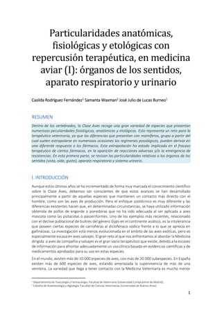 1
Particularidades anatómicas,
fisiólógicas y etólógicas cón
repercusión terapeutica, en medicina
aviar (I): órganós de lós sentidós,
aparató respiratórió y urinarió
Casilda Rodríguez Fernández1 Samanta Waxman2 José Julio de Lucas Burneo1
RESUMEN
Dentro de los vertebrados, la Clase Aves recoge una gran variedad de especies que presentan
numerosas peculiaridades fisiológicas, anatómicas y etológicas. Esto representa un reto para la
terapéutica veterinaria, ya que las diferencias que presentan con mamíferos, grupo a partir del
cual suelen extrapolarse en numerosas ocasiones los regímenes posológicos, pueden derivar en
una diferente respuesta a los fármacos. Esta extrapolación ha estado implicada en el fracaso
terapéutico de ciertos fármacos, en la aparición de reacciones adversas y/o la emergencia de
resistencias. En esta primera parte, se revisan las particularidades relativas a los órganos de los
sentidos (vista, oído, gusto), aparato respiratorio y sistema urinario.
I. INTRODUCCIÓN
Aunque estos últimos años se ha incrementado de forma muy marcada el conocimiento científico
sobre la Clase Aves, debemos ser conscientes de que estos avances se han desarrollado
principalmente a partir de aquellas especies que mantienen un contacto más directo con el
hombre, como son las aves de producción. Pero el enfoque zootécnico es muy diferente y las
diferencias existentes hacen que, en determinadas circunstancias, se haya utilizado información
obtenida de pollos de engorde o ponedoras que no ha sido adecuada al ser aplicada a aves
mascota como las psitacidas o passeriformes. Uno de los ejemplos más recientes, relacionado
con el declive poblacional de buitres del género Gyps en el continente asiático, es la intolerancia
que poseen ciertas especies de carroñeras al diclofenaco sódico frente a lo que se aprecia en
gallináceas. La investigación está menos evolucionada en el ámbito de las aves exóticas, pero es
especialmente escasa en aves salvajes. El gran reto al que nos enfrentamos al abordar la Medicina
dirigida a aves de compañía y salvajes es el gran vacío terapéutico que existe, debido a la escasez
de información para afrontar adecuadamente un uso clínico basado en evidencias científicas y de
medicamentos aprobados para su uso en estas especies.
En el mundo, existen más de 10.000 especies de aves, con más de 20.000 subespecies. En España
existen más de 600 especies de aves, estando amenazada la supervivencia de más de una
veintena. La variedad que llega a tener contacto con la Medicina Veterinaria es mucho menor
1
Departamento de Toxicología y Farmacología. Facultad de Veterinaria (Universidad Complutense de Madrid).
2 Cátedra de Anestesiología y Algiología. Facultad de Ciencias Veterinarias (Universidad de Buenos Aires).
 