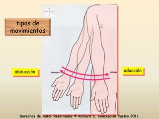 tipos de
movimientos




 abducción                                                aducción




   Derechos de Autor Reservados © Richard C. Concepción Castro 2011
 