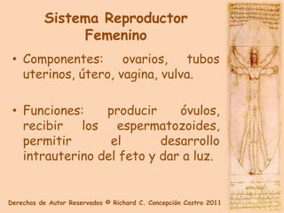 Sistema Reproductor
               Femenino
 • Componentes:      ovarios,   tubos
   uterinos, útero, vagina, vulva.

 • Funciones:    producir     óvulos,
   recibir los espermatozoides,
   permitir       el       desarrollo
   intrauterino del feto y dar a luz.


Derechos de Autor Reservados © Richard C. Concepción Castro 2011
 