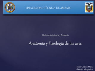 UNIVERSIDAD TÉCNICA DE AMBATO
Medicina Veterinaria y Zootecnia
Anatomía y Fisiología de las aves
-Juan Carlos Mira
-Daniel Moposita
 