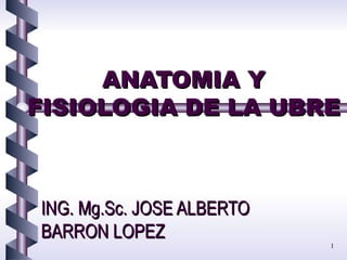 ANATOMIA Y
FISIOLOGIA DE LA UBRE



ING. Mg.Sc. JOSE ALBERTO
BARRON LOPEZ
                           1
 