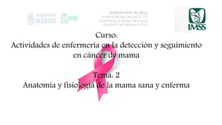 Curso:
Actividades de enfermería en la detección y seguimiento
en cáncer de mama
Tema: 2
Anatomía y fisiología de la mama sana y enferma
 