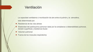 Ventilación
La capacidad ventilatoria o movilización de aire entre el pulmón y la atmosfera,
esta determinada por:
 Resis...