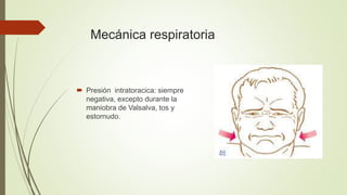 Mecánica respiratoria
 Presión intratoracica: siempre
negativa, excepto durante la
maniobra de Valsalva, tos y
estornudo.
 