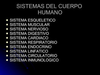 SISTEMAS DEL CUERPO  HUMANO SISTEMA ESQUELETICO  SISTEMA MUSCULAR  SISTEMA NERVIOSO SISTEMA DIGESTIVO SISTEMA CARDIACO SISTEMA RESPIRATORIO SISTEMA ENDOCRINO SISTEMA LINFATICO SISTEMA CIRCULATORIO SISTEMA INMUNOLOGICO 