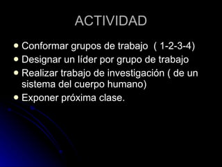 ACTIVIDAD Conformar grupos de trabajo  ( 1-2-3-4) Designar un líder por grupo de trabajo  Realizar trabajo de investigación ( de un sistema del cuerpo humano) Exponer próxima clase. 