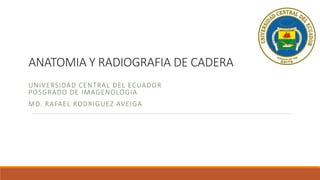 ANATOMIA Y RADIOGRAFIA DE CADERA
UNIVERSIDAD CENTRAL DEL ECUADOR
POSGRADO DE IMAGENOLOGIA
MD. RAFAEL RODRIGUEZ AVEIGA
 