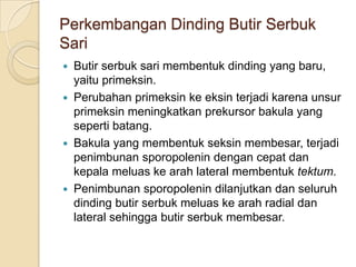 Perkembangan Dinding Butir Serbuk
Sari
 Butir serbuk sari membentuk dinding yang baru,
  yaitu primeksin.
 Perubahan primeksin ke eksin terjadi karena unsur
  primeksin meningkatkan prekursor bakula yang
  seperti batang.
 Bakula yang membentuk seksin membesar, terjadi
  penimbunan sporopolenin dengan cepat dan
  kepala meluas ke arah lateral membentuk tektum.
 Penimbunan sporopolenin dilanjutkan dan seluruh
  dinding butir serbuk meluas ke arah radial dan
  lateral sehingga butir serbuk membesar.
 