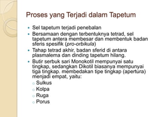 Proses yang Terjadi dalam Tapetum
   Sel tapetum terjadi penebalan
   Bersamaan dengan terbentuknya tetrad, sel
    tapetum antera membesar dan membentuk badan
    sferis spesifik (pro-orbikula)
   Tahap tetrad akhir, badan sferid di antara
    plasmalema dan dinding tapetum hilang.
   Butir serbuk sari Monokotil mempunyai satu
    tingkap, sedangkan Dikotil biasanya mempunyai
    tiga tingkap. membedakan tipe tingkap (apertura)
    menjadi empat, yaitu:
    o Sulkus
    o Kolpa
    o Ruga
    o Porus
 