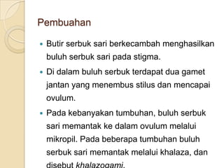 Pembuahan

   Butir serbuk sari berkecambah menghasilkan
    buluh serbuk sari pada stigma.
   Di dalam buluh serbuk terdapat dua gamet
    jantan yang menembus stilus dan mencapai
    ovulum.
   Pada kebanyakan tumbuhan, buluh serbuk
    sari memantak ke dalam ovulum melalui
    mikropil. Pada beberapa tumbuhan buluh
    serbuk sari memantak melalui khalaza, dan
 