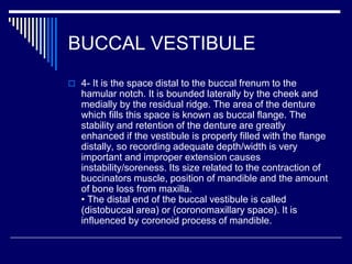 BUCCAL VESTIBULE
 4- It is the space distal to the buccal frenum to the
hamular notch. It is bounded laterally by the cheek and
medially by the residual ridge. The area of the denture
which fills this space is known as buccal flange. The
stability and retention of the denture are greatly
enhanced if the vestibule is properly filled with the flange
distally, so recording adequate depth/width is very
important and improper extension causes
instability/soreness. Its size related to the contraction of
buccinators muscle, position of mandible and the amount
of bone loss from maxilla.
• The distal end of the buccal vestibule is called
(distobuccal area) or (coronomaxillary space). It is
influenced by coronoid process of mandible.
 