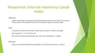 Parasternal (internal mammary) lymph
nodes
Afferent:
Lymph vessels that accompany the perforating branches of the internal mammary
artery enters into parasternal (internal mammary) group of lymph nodes
Site:
Lie along the internal mammary vessels dep to plane of costal cartilages
Drain posterior 1/3rd of the breast
Not routinely dissected although they were once biopsied for staging.
Efferent:
Drains into bronchomediastinal lymphatic trunk (draining thoracic viscera)
 