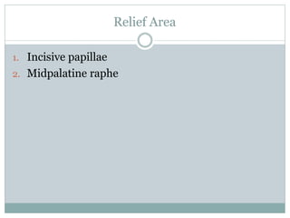 Relief Area
1. Incisive papillae
2. Midpalatine raphe
 