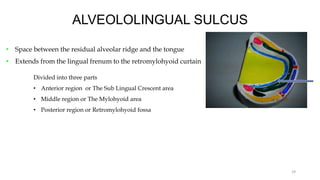 ALVEOLOLINGUAL SULCUS
• Space between the residual alveolar ridge and the tongue
• Extends from the lingual frenum to the retromylohyoid curtain
29
Divided into three parts
• Anterior region or The Sub Lingual Crescent area
• Middle region or The Mylohyoid area
• Posterior region or Retromylohyoid fossa
 