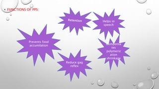 • FUNCTIONS OF PPS:
Helps in
speech
Prevents food
accumilation Compensa
tes
polymeriz
ation
shrinkage
Reduce gag
reflex
 