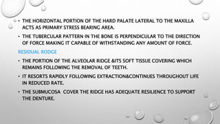 • THE HORIZONTAL PORTION OF THE HARD PALATE LATERAL TO THE MAXILLA
ACTS AS PRIMARY STRESS BEARING AREA.
• THE TUBERCULAR PATTERN IN THE BONE IS PERPENDICULAR TO THE DIRECTION
OF FORCE MAKING IT CAPABLE OF WITHSTANDING ANY AMOUNT OF FORCE.
RESIDUAL RODGE
• THE PORTION OF THE ALVEOLAR RIDGE &ITS SOFT TISSUE COVERING WHICH
REMAINS FOLLOWING THE REMOVAL OF TEETH.
• IT RESORTS RAPIDLY FOLLOWING EXTRACTION&CONTINUES THROUGHOUT LIFE
IN REDUCED RATE.
• THE SUBMUCOSA COVER THE RIDGE HAS ADEQUATE RESILIENCE TO SUPPORT
THE DENTURE.
 