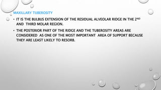 MAXILLARY TUBEROSITY
• IT IS THE BULBUS EXTENSION OF THE RESIDUAL ALVEOLAR RIDGE IN THE 2ND
AND THIRD MOLAR REGION.
• THE POSTERIOR PART OF THE RIDGE AND THE TUBEROSITY AREAS ARE
CONSIDERED AS ONE OF THE MOST IMPORTANT AREA OF SUPPORT BECAUSE
THEY ARE LEAST LIKELY TO RESORB.
 