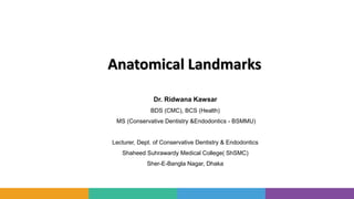 Anatomical Landmarks
Dr. Ridwana Kawsar
BDS (CMC), BCS (Health)
MS (Conservative Dentistry &Endodontics - BSMMU)
Lecturer, Dept. of Conservative Dentistry & Endodontics
Shaheed Suhrawardy Medical College( ShSMC)
Sher-E-Bangla Nagar, Dhaka
 