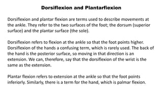 Dorsiflexion and Plantarfiexion
Dorsiflexion and plantar flexion are terms used to describe movements at
the ankle. They refer to the two surfaces of the foot; the dorsum (superior
surface) and the plantar surface (the sole).
Dorsiflexion refers to flexion at the ankle so that the foot points higher.
Dorsiflexion of the hands a confusing term, which is rarely used. The back of
the hand is the posterior surface, so moving in that direction is an
extension. We can, therefore, say that the dorsiflexion of the wrist is the
same as the extension.
Plantar flexion refers to extension at the ankle so that the foot points
inferiorly. Similarly, there is a term for the hand, which is palmar flexion.
 