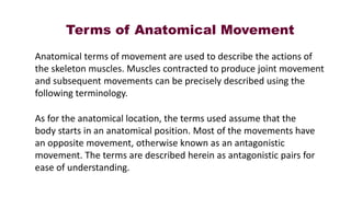 Terms of Anatomical Movement
Anatomical terms of movement are used to describe the actions of
the skeleton muscles. Muscles contracted to produce joint movement
and subsequent movements can be precisely described using the
following terminology.
As for the anatomical location, the terms used assume that the
body starts in an anatomical position. Most of the movements have
an opposite movement, otherwise known as an antagonistic
movement. The terms are described herein as antagonistic pairs for
ease of understanding.
 