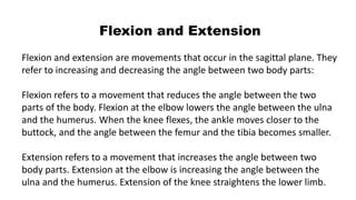 Flexion and Extension
Flexion and extension are movements that occur in the sagittal plane. They
refer to increasing and decreasing the angle between two body parts:
Flexion refers to a movement that reduces the angle between the two
parts of the body. Flexion at the elbow lowers the angle between the ulna
and the humerus. When the knee flexes, the ankle moves closer to the
buttock, and the angle between the femur and the tibia becomes smaller.
Extension refers to a movement that increases the angle between two
body parts. Extension at the elbow is increasing the angle between the
ulna and the humerus. Extension of the knee straightens the lower limb.
 