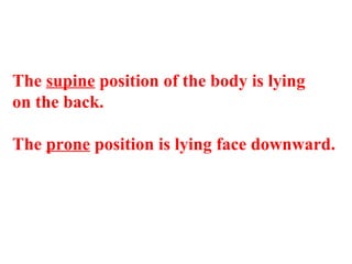 The supine position of the body is lying
on the back.
The prone position is lying face downward.
 