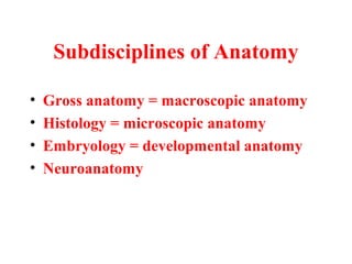Subdisciplines of Anatomy
• Gross anatomy = macroscopic anatomy
• Histology = microscopic anatomy
• Embryology = developmental anatomy
• Neuroanatomy
 