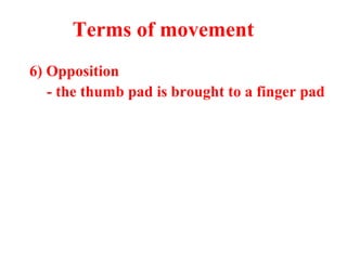 6) Opposition
- the thumb pad is brought to a finger pad
Terms of movement
 