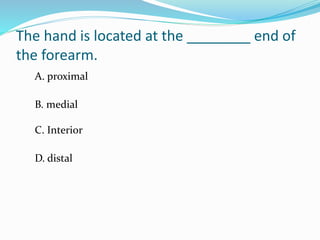 The hand is located at the ________ end of
the forearm.
A. proximal
B. medial
C. Interior
D. distal
 