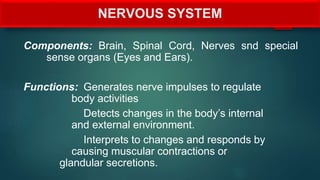 NERVOUS SYSTEM
Components: Brain, Spinal Cord, Nerves snd special
sense organs (Eyes and Ears).
Functions: Generates nerve impulses to regulate
body activities
Detects changes in the body’s internal
and external environment.
Interprets to changes and responds by
causing muscular contractions or
glandular secretions.
 