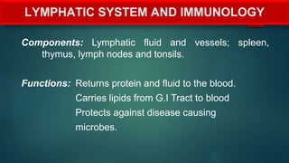 LYMPHATIC SYSTEM AND IMMUNOLOGY
Components: Lymphatic fluid and vessels; spleen,
thymus, lymph nodes and tonsils.
Functions: Returns protein and fluid to the blood.
Carries lipids from G.I Tract to blood
Protects against disease causing
microbes.
 
