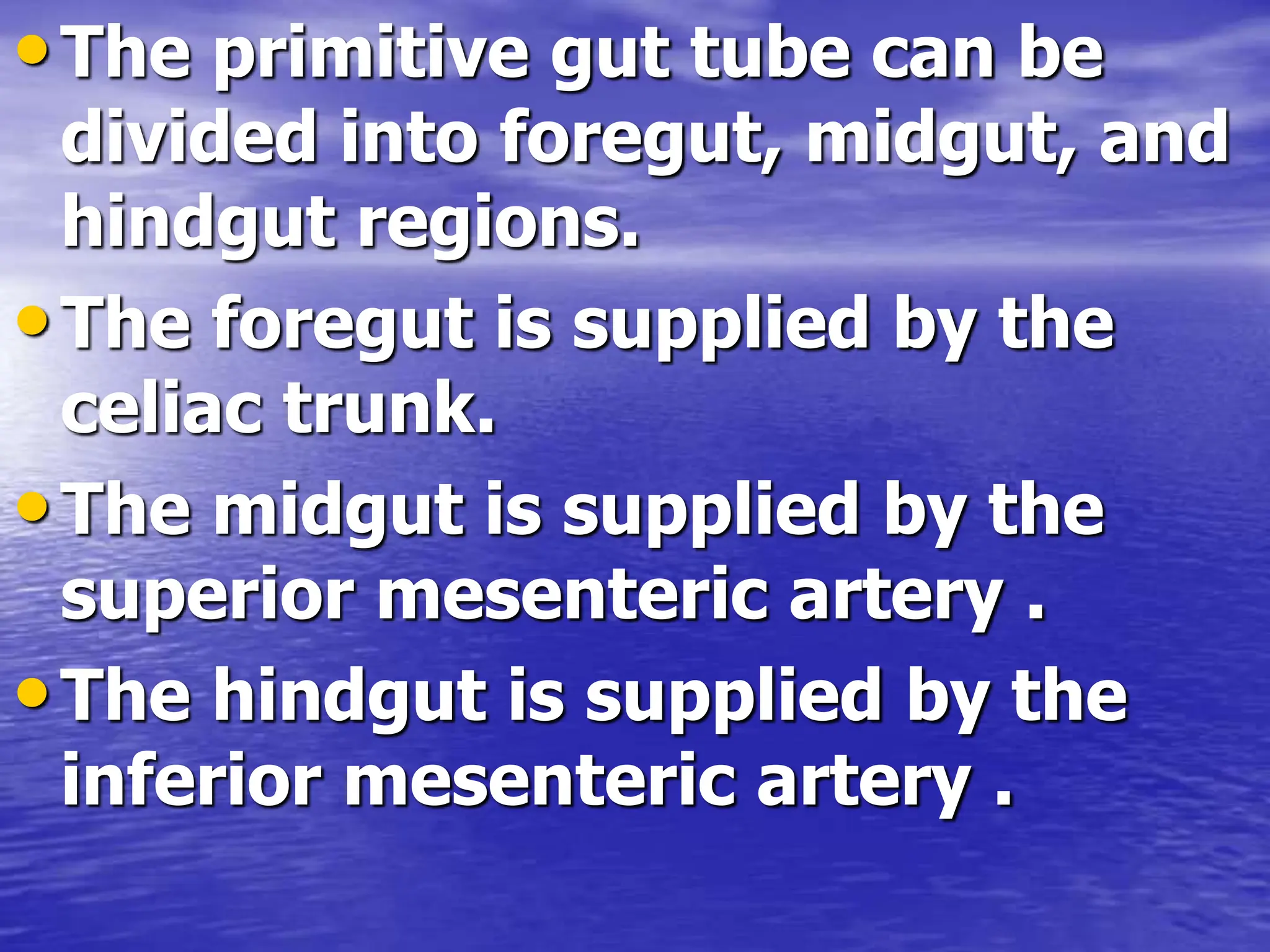 •The primitive gut tube can be
divided into foregut, midgut, and
hindgut regions.
•The foregut is supplied by the
celiac trunk.
•The midgut is supplied by the
superior mesenteric artery .
•The hindgut is supplied by the
inferior mesenteric artery .
 
