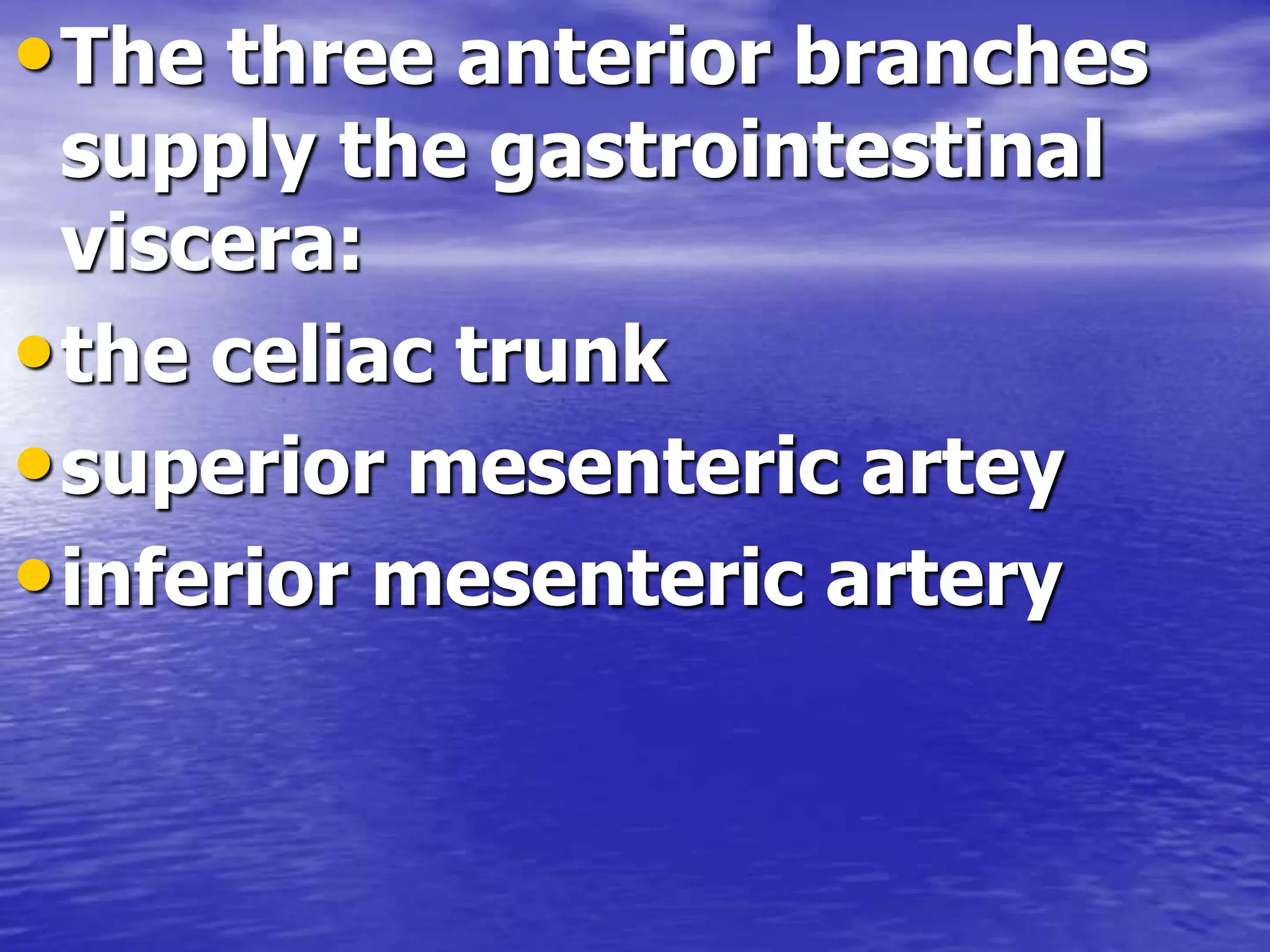 •The three anterior branches
supply the gastrointestinal
viscera:
•the celiac trunk
•superior mesenteric artey
•inferior mesenteric artery
 