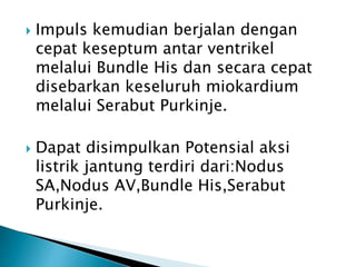  Impuls kemudian berjalan dengan
cepat keseptum antar ventrikel
melalui Bundle His dan secara cepat
disebarkan keseluruh miokardium
melalui Serabut Purkinje.
 Dapat disimpulkan Potensial aksi
listrik jantung terdiri dari:Nodus
SA,Nodus AV,Bundle His,Serabut
Purkinje.
 