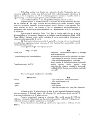 Reabsorb ia sodiului este înso ită de reabsorb ia clorului. Reabsorb ia apei este
consecin a gradientului osmotic creat de transportul NaCl. Aldosteronul, prin ac iunea sa de
re inere a Na+ în organism, are rol în men inerea presiunii osmotice a mediului intern al
organismului şi a volumului sanguin, precum şi în echilibrul acido-bazic.
Celule- intă asemănătoare se află şi în glandele sudoripare, salivare şi colice.
Reglarea secre iei de mineralocorticoizi se face prin mai multe mecanisme. Scăderea
Na+ sau creşterea K+ din sânge, scăderea presiunii osmotice şi scăderea volumului sanguin
stimulează secre ia de aldosteron, în timp ce creşterea acestora o inhibă. Un rol important îl are
renina secretată de rinichi. Sub influen a ei are loc transformarea angiotensinogenului în
angiotensină, care stimulează secre ia de aldosteron. ACTH-ul stimulează şi el 20% din secre ia
de aldosteron..
Hipersecre ia de aldosteron (boala Conn) duce la reten ie masivă de sare şi apă şi
determină edeme şi hipertensiune. Hiposecre ia se întâlneşte în cazul insuficien ei globale a CSR
(boala Addison). La aceşti bolnavi are loc o pierdere de sare şi apă, urmată de hipotensiune şi
adinamie (scăderea capacită ii de efort).
(2). Glucocorticoizii sunt reprezenta i în special de cortizon şi hidrocortizon (cortizol).
Circulă în sânge lega i de proteinele plasmatice. O mică frac iune liberă a cortizolului exercită
efecte metabolice specifice.
Efecte specifice asupra unor organe şi esuturi :
Organ sau esut
Sistem osos
Organe hematopoetice şi sistemul imun

Func iile superioare ale SNC

Rol
catabolism : sinteza matricei organice şi absorb ia
intestinală a calciului
Scade numărul de eozinofile şi bazofile circulante
Creşte numărul de neutrofile, plachete, hematii
Creşte stabilitatea membranelor lizozomale
Scade numărul de limfocite circulante (limfopenie)
necesită prezen a acestor hormoni pentru
integritatea lor (scăderea cantită ii lor determină :
modificări EEG, alterarea personalită ii, modificări
senzoriale)

Roluri fiziologice în metabolismul intermediar :
Metabolism
Protidic
Glucidic
Lipidic

Rol
Creşte catabolismul în muşchii scheletici
Creşte anabolismul în ficat
hiperglicemie
Creşte lipoliza
Creşte concentra ia acizilor graşi liberi plasmatici

Reglarea secre iei de glucocorticoizi se face de către sistemul hipotalamo-hipofizar,
printr-un mecanism de feedback negativ. Sub influen a CRH, hipofiza secretă mai mult ACTH,
iar aceasta stimulează secre ia de glucocorticoizi.
Creşterea concentra iei sangvine a cotizonului liber inhibă secre ia de CHR, iar
scăderea o stimulează. Hipersecre ia de glucocorticoizi determină sindromul Cushing, în care
predomină semnele dereglărilor metabolismului intermediar.
Bolnavii prezintă obezitate, diabet, şi hipertensiune. Hiposecre ia se întâlneşte în boala
Addison.

19

 