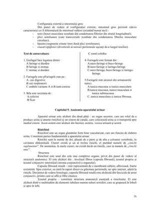 Configura ia externă a intestinului gros
Din punct de vedere al configura iei externe, intestinul gros prezintă câteva
caracteristici ce îl diferen iază de intestinul sub ire (existând numai aici) :
- tenii (benzi musculare rezultate din condensarea fibrelor din stratul longitudinal);
- plici semilunare (cute transversale rezultate din condensarea fibrelor musculare
circulare);
- haustre (segmente situate între două plici semilunare);
- ciucuri epiploici (diverticuli ai serosei peritoneale aşeza i de-a lungul teniilor).
C canal coledoc

Test de autoevaluare
1. Esofagul face legatura dintre :
A faringe si duoden
B faringe si stomac
C stomac si duoden
2. Faringele este pFaringele este pa :
A. caii digestive
B caii respiratorii
C ambele variante A si B sunt corecte
3. Bila este secretata de :
A colecist
B ficat

4. Faringele este format din :
A.nazo-faringe si buco-faringe
B.nazo-faringe si laringo-faringe
C.nazo-faringe, buco-faringe si laringofaringe.
5.Faringele este alcatuit din urmatoarele
tunici:
A.tunica mucoasa si tunica musculara
B.tunica mucoasa, tunica musculara si
tunica submucoasa
C. tunica musculara si tunica fibroasa.

Capitolul 9. Anatomia aparatului urinar
Aparatul urinar este alcătuit din două păr i : un organ secretor, care are rolul de a
produce urina şi anume rinichiul şi un sistem de canale, care colectează urina şi o transportă spre
mediul extern. Acest sistem este alcătuit din bazinet, uretere, vezica urinară şi uretră.
Rinichiul
Rinichiul este un organ glandular forte bine vascularizat, care are func ia de elabora
urina. Constituie partea fundamentală a aparatului urinar.
Rinichii sunt în număr de doi, plasa i de o parte şi de alta a coloanei vertebrale, în
cavitatea abdominală. Uneori există şi un al treilea rinichi, el purtând numele de „rinichi
suplimentar”. De asemenea, în unele cazuri, nu există decât un rinichi, care ia numele de „rinichi
unic”.
Structura
Rinichiul este unul din cele mai complexe organe, privit din punct de vedere al
structurii anatomice. El este alcătuit din : învelişul fibros (capsula fibroasă), esutul propriu şi
esutul conjunctiv intersti ial (stroma conjunctivă a organului).
Capsula fibroasă renală – este reprezentată de o membrană sub ire, albicioasă, foarte
rezistentă. Spre exterior, ea intră în raport direct cu grăsimea perirenală, iar spre interior, aderă la
rinichi. Din punct de vedere histologic, capsula fibroasă renală este alcătuită din fascicule de esut
conjunctiv, printre care se află şi fibre elastice.
esutul propriu – constituie structura anatomică esen ială a rinichiului. El este
alcătuit dintr-o multitudine de elemente tubulare numite tuburi uriniferi, care se grupează în lobuli
şi apoi în lobi.

26

 