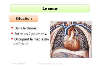 Le cœur
Situation
Dans le thorax.
Entre les 2 poumons.
Occupant le médiastin
antérieur.

Dr. Wissem ABELKAFI

Anatomie de l'appareil cardio-vasculaire

8

 