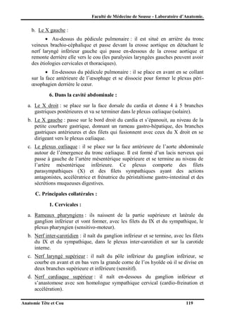 Faculté de Médecine de Sousse - Laboratoire d’Anatomie.

b. Le X gauche :
 Au-dessus du pédicule pulmonaire : il est situé en arrière du tronc
veineux brachio-céphalique et passe devant la crosse aortique en détachant le
nerf laryngé inférieur gauche qui passe en-dessous de la crosse aortique et
remonte derrière elle vers le cou (les paralysies laryngées gauches peuvent avoir
des étiologies cervicales et thoraciques).
 En-dessous du pédicule pulmonaire : il se place en avant en se collant
sur la face antérieure de l’œsophage et se dissocie pour former le plexus périœsophagien derrière le cœur.
6. Dans la cavité abdominale :
a. Le X droit : se place sur la face dorsale du cardia et donne 4 à 5 branches
gastriques postérieures et va se terminer dans le plexus cœliaque (solaire).
b. Le X gauche : passe sur le bord droit du cardia et s’épanouit, au niveau de la
petite courbure gastrique, donnant un rameau gastro-hépatique, des branches
gastriques antérieures et des filets qui fusionnent avec ceux du X droit en se
dirigeant vers le plexus cœliaque.
c. Le plexus cœliaque : il se place sur la face antérieure de l’aorte abdominale
autour de l’émergence du tronc cœliaque. Il est formé d’un lacis nerveux qui
passe à gauche de l’artère mésentérique supérieure et se termine au niveau de
l’artère mésentérique inférieure. Ce plexus comporte des filets
parasympathiques (X) et des filets sympathiques ayant des actions
antagonistes, accélératrice et frénatrice du péristaltisme gastro-intestinal et des
sécrétions muqueuses digestives.
C. Principales collatérales :
1. Cervicales :
a. Rameaux pharyngiens : ils naissent de la partie supérieure et latérale du
ganglion inférieur et vont former, avec les filets du IX et du sympathique, le
plexus pharyngien (sensitivo-moteur).
b. Nerf inter-carotidien : il naît du ganglion inférieur et se termine, avec les filets
du IX et du sympathique, dans le plexus inter-carotidien et sur la carotide
interne.
c. Nerf laryngé supérieur : il naît du pôle inférieur du ganglion inférieur, se
courbe en avant et en bas vers la grande corne de l’os hyoïde où il se divise en
deux branches supérieure et inférieure (sensitif).
d. Nerf cardiaque supérieur : il naît en-dessous du ganglion inférieur et
s’anastomose avec son homologue sympathique cervical (cardio-freination et
accélération).
Anatomie Tête et Cou

119

 