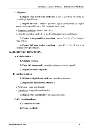 Faculté de Médecine de Sousse - Laboratoire d’Anatomie.

C. Régions :
1. Région sous-hyoïdienne médiane : C’est la gouttière viscérale du
cou ou loge thyroïdienne.
2. Région latérale : appelée gouttière jugulo-carotidienne ou région
sterno-cléido-mastoïdiennes. Elle comprend deux étages :
a. Étage uni-carotidien : étendu de C4 à C7
b. Étage bi-carotidien : entre C3 et C4. C’est la région hyo-carotidienne.
3. Espace infra-parotidien postérieur : entre C1 et C2. C’est l’espace
rétro-stylien.
4. Espace infra-parotidien antérieur : entre C1 et C2. Il s’agit de
l’espace latéro-pharyngien.
IV. RÉGIONS DE TRANSITION :
A. Crânio-faciales :
1. Glabelle frontale
2. Fosse infra-temporale : ou région ptérygo-palato-temporale
3. Région auriculo-temporale
B. Cervico-faciales :
1. Région sus-hyoïdienne médiane : ou sub-mentonnière
2. Régions sus-hyoïdiennes latérales :
a. Antérieure : Loge sub-linguale
b. Postérieure : Loge sub-mandibulaire
3. Région rétro-mandibulaire : Loge parotidienne
C. Cervico-thoraciques :
1. Espace sus-sternal
2. Creux sus-clavier

Anatomie Tête et Cou

5

 