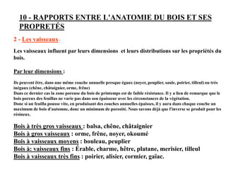 10 - RAPPORTS ENTRE L'ANATOMIE DU BOIS ET SES
PROPRETÉS
2 - Les vaisseaux:
Les vaisseaux influent par leurs dimensions et leurs distributions sur les propriétés du
bois.
Par leur dimensions :
Ils peuvent être, dans une même couche annuelle presque égaux (noyer, peuplier, saule, poirier, tilleul) ou très
inégaux (chêne, châtaignier, orme, frêne)
Dans ce dernier cas la zone poreuse du bois de printemps est de faible résistance. Il y a lieu de remarque que le
bois poreux des feuillus ne varie pas dans son épaisseur avec les circonstances de la végétation.
Donc si un feuillu pousse vite, en produisant des couches annuelles épaisses, il y aura dans chaque couche un
maximum de bois d'automne, donc un minimum de porosité. Nous savons déjà que l'inverse se produit pour les
résineux.
Bois à très gros vaisseaux : balsa, chêne, châtaignier
Bois à gros vaisseaux : orme, frêne, noyer, okoumé
Bois à vaisseaux moyens : bouleau, peuplier
Bois à: vaisseaux fins : Érable, charme, hêtre, platane, merisier, tilleul
Bois à vaisseaux très fins : poirier, alisier, cormier, gaïac.
 