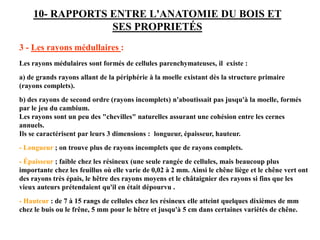 10- RAPPORTS ENTRE L'ANATOMIE DU BOIS ET
SES PROPRIETÉS
3 - Les rayons médullaires :
Les rayons médulaires sont formés de cellules parenchymateuses, il existe :
a) de grands rayons allant de la périphérie à la moelle existant dès la structure primaire
(rayons complets).
b) des rayons de second ordre (rayons incomplets) n'aboutissait pas jusqu'à la moelle, formés
par le jeu du cambium.
Les rayons sont un peu des "chevilles" naturelles assurant une cohésion entre les cernes
annuels.
Ils se caractérisent par leurs 3 dimensions : longueur, épaisseur, hauteur.
- Longueur ; on trouve plus de rayons incomplets que de rayons complets.
- Épaisseur ; faible chez les résineux (une seule rangée de cellules, mais beaucoup plus
importante chez les feuillus où elle varie de 0,02 à 2 mm. Ainsi le chêne liège et le chêne vert ont
des rayons très épais, le hêtre des rayons moyens et le châtaignier des rayons si fins que les
vieux auteurs prétendaient qu'il en était dépourvu .
- Hauteur : de 7 à 15 rangs de cellules chez les résineux elle atteint quelques dixièmes de mm
chez le buis ou le frêne, 5 mm pour le hêtre et jusqu'à 5 cm dans certaines variétés de chêne.
 